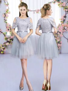 Sleeveless Tulle Mini Length Zipper Quinceanera Court Dresses in Grey with Lace and Belt