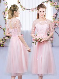 Beautiful Baby Pink Empire Tulle Scoop Half Sleeves Lace and Belt Tea Length Lace Up Dama Dress