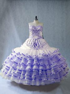 Sweetheart Sleeveless Quinceanera Dress Floor Length Embroidery and Ruffled Layers Lavender Organza