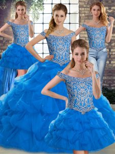 Graceful Brush Train Ball Gowns Sweet 16 Dress Blue Off The Shoulder Tulle Sleeveless Lace Up