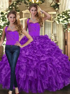 Modern Purple Two Pieces Organza Halter Top Sleeveless Ruffles Floor Length Lace Up 15th Birthday Dress