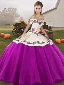 Noble White And Purple Off The Shoulder Neckline Embroidery Quince Ball Gowns Sleeveless Lace Up
