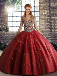 Decent Wine Red Sleeveless Beading and Appliques Floor Length Sweet 16 Dress