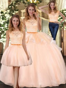 Exquisite Floor Length Peach Quinceanera Dresses Organza Sleeveless Lace