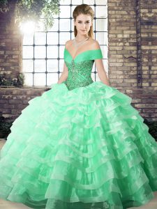 Glamorous Apple Green Ball Gowns Off The Shoulder Sleeveless Organza Brush Train Lace Up Beading and Ruffled Layers Quinceanera Gown