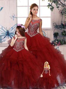 Superior Floor Length Burgundy Quince Ball Gowns Organza Sleeveless Beading and Ruffles