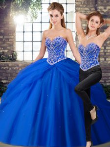Vintage Sleeveless Tulle Brush Train Lace Up Ball Gown Prom Dress in Royal Blue with Beading and Pick Ups