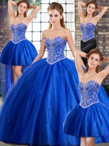 Vintage Brush Train Ball Gowns Quinceanera Gown Blue Sweetheart Tulle Sleeveless Lace Up