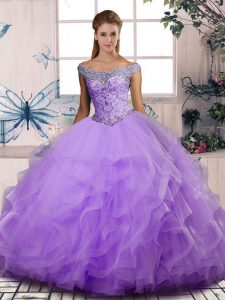 Sophisticated Lavender Ball Gowns Tulle Off The Shoulder Sleeveless Beading and Ruffles Floor Length Lace Up Quinceanera Gowns