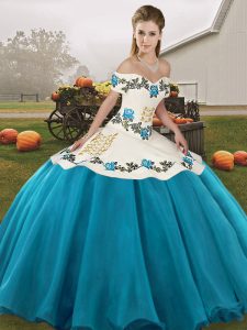 Cheap Blue And White Off The Shoulder Lace Up Embroidery Sweet 16 Dresses Sleeveless