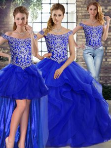 Fine Tulle Off The Shoulder Sleeveless Brush Train Lace Up Beading and Ruffles 15 Quinceanera Dress in Royal Blue