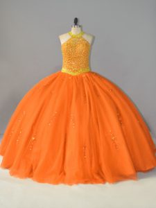 Chic Orange Lace Up 15 Quinceanera Dress Beading Sleeveless Floor Length