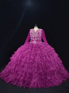 High Quality Purple Quinceanera Gown Sweet 16 and Quinceanera with Beading and Ruffled Layers V-neck Long Sleeves Lace Up