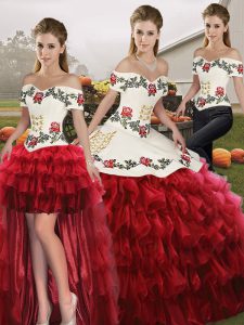 Latest Organza Off The Shoulder Sleeveless Lace Up Embroidery and Ruffled Layers Quinceanera Dresses in Wine Red