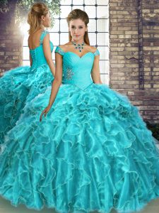 Comfortable Sleeveless Organza Brush Train Lace Up Quinceanera Dresses in Aqua Blue with Beading and Ruffles