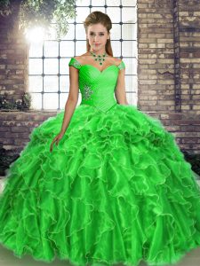 Luxury Lace Up Sweet 16 Dresses Green for Military Ball and Sweet 16 and Quinceanera with Beading and Ruffles Brush Train