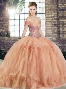 Customized Sleeveless Tulle Floor Length Lace Up Quinceanera Gown in Peach with Beading and Ruffles