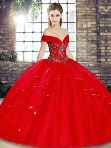 Inexpensive Sleeveless Tulle Floor Length Lace Up Ball Gown Prom Dress in Red with Beading and Ruffles