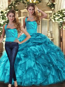 Superior Teal Two Pieces Organza Halter Top Sleeveless Ruffles and Pick Ups Floor Length Lace Up Quinceanera Dresses