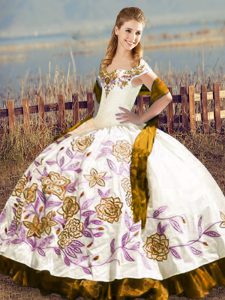 Wonderful Sleeveless Satin Floor Length Lace Up Quinceanera Dress in Brown with Embroidery and Ruffles
