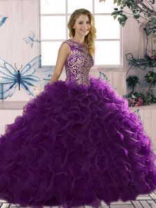 Custom Design Purple Lace Up Scoop Beading and Ruffles Quinceanera Dresses Organza Sleeveless