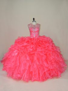 Sleeveless Organza Lace Up 15 Quinceanera Dress in Pink with Beading and Ruffles