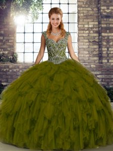 Olive Green Straps Neckline Beading and Ruffles Quinceanera Dresses Sleeveless Lace Up