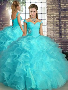 Aqua Blue Organza Lace Up Quince Ball Gowns Sleeveless Floor Length Beading and Ruffles