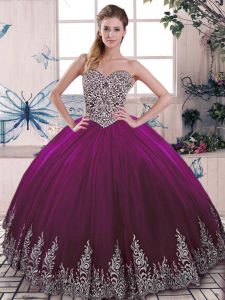 Sweet Fuchsia Ball Gowns Tulle Sweetheart Sleeveless Beading and Embroidery Floor Length Lace Up Ball Gown Prom Dress