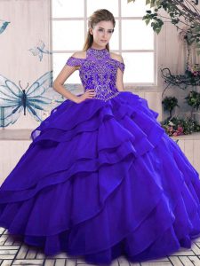 Fancy Blue Ball Gowns Organza High-neck Sleeveless Beading and Ruffles Floor Length Lace Up Quinceanera Dresses