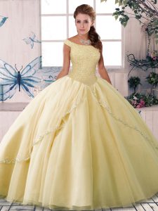 Yellow Off The Shoulder Neckline Beading 15th Birthday Dress Sleeveless Lace Up