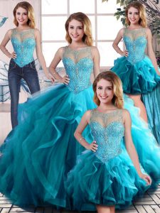New Arrival Aqua Blue Ball Gowns Scoop Sleeveless Tulle Floor Length Lace Up Beading and Ruffles 15th Birthday Dress