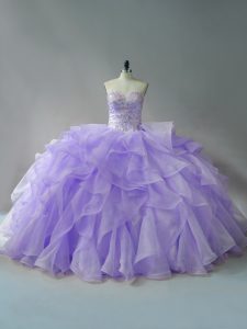 Cute Lavender Sweetheart Lace Up Beading and Ruffles Quinceanera Gown Brush Train Sleeveless