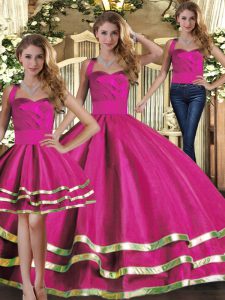 Elegant Ruffled Layers Quinceanera Gown Fuchsia Lace Up Sleeveless Floor Length