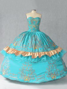 Floor Length Lace Up 15th Birthday Dress Aqua Blue for Sweet 16 and Quinceanera with Embroidery and Bowknot