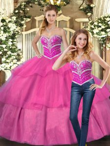 Hot Pink Sweetheart Neckline Beading Quinceanera Gowns Sleeveless Lace Up
