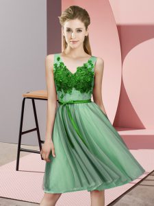 Sleeveless Tulle Knee Length Lace Up Court Dresses for Sweet 16 in Green with Appliques