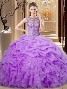 Lavender Organza Lace Up Scoop Sleeveless Floor Length Quinceanera Dresses Beading and Ruffles and Pick Ups