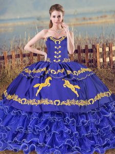Most Popular Blue Organza Lace Up Sweetheart Sleeveless Sweet 16 Quinceanera Dress Brush Train Embroidery and Ruffled Layers