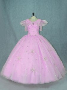 Lilac Organza Zipper V-neck Short Sleeves Floor Length 15th Birthday Dress Beading