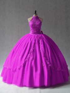 Sumptuous Fuchsia Sleeveless Floor Length Appliques Lace Up 15 Quinceanera Dress
