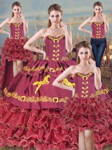 Graceful Burgundy Vestidos de Quinceanera Sweet 16 and Quinceanera with Embroidery Sweetheart Sleeveless Brush Train Lace Up