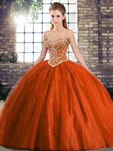 Suitable Lace Up 15th Birthday Dress Rust Red for Military Ball and Sweet 16 and Quinceanera with Beading Brush Train