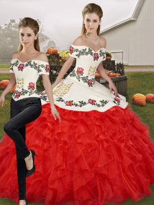 Attractive Floor Length White And Red Vestidos de Quinceanera Off The Shoulder Sleeveless Lace Up