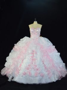 Custom Made Pink And White Ball Gowns Organza Sweetheart Sleeveless Beading and Pick Ups Floor Length Lace Up Sweet 16 Dresses