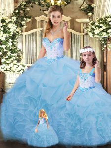 Colorful Blue Ball Gowns Organza Sweetheart Sleeveless Beading and Ruffles Floor Length Lace Up Quince Ball Gowns