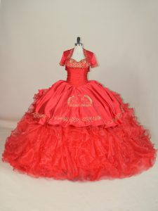 Fashionable Sleeveless Brush Train Lace Up Embroidery and Ruffles Quinceanera Gown