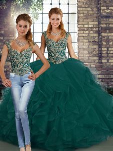 Low Price Straps Sleeveless Quinceanera Gowns Floor Length Beading and Ruffles Peacock Green Tulle