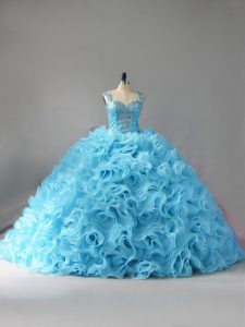 Dynamic Baby Blue Ball Gowns Fabric With Rolling Flowers Straps Sleeveless Beading and Ruffles Zipper Quinceanera Dresses Court Train