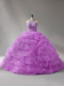 Lilac Ball Gowns Beading and Pick Ups Ball Gown Prom Dress Lace Up Organza Sleeveless